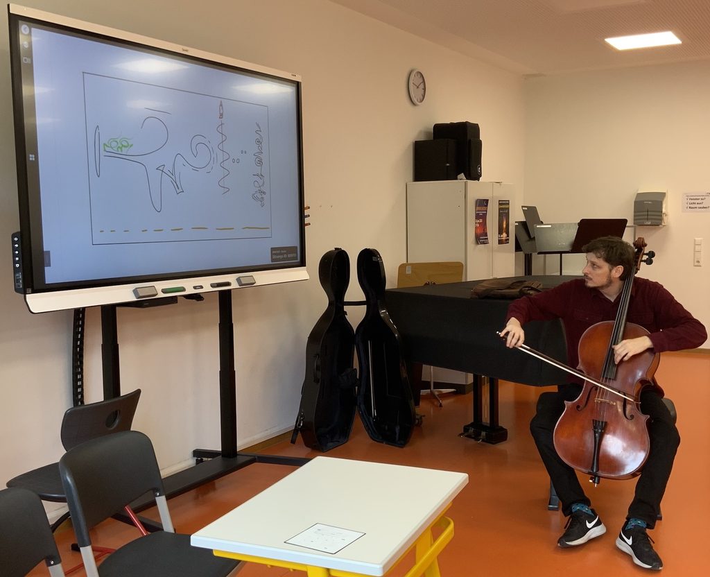 Ben Coyte interpretiert die grafische Notation der Schülerinnen und Schüler